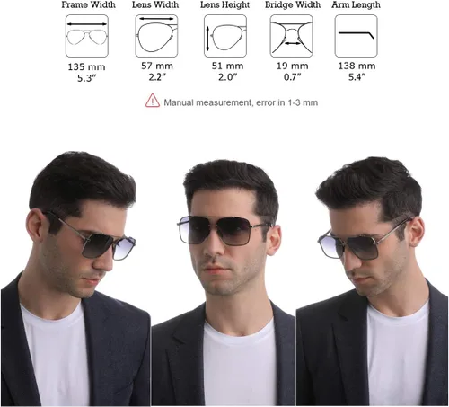 Vista 6 de ZHILE Gafas de sol cuadradas polarizadas para hombre - Marco de metal aviador de gran tamaño - Lentes de protección UV degradados