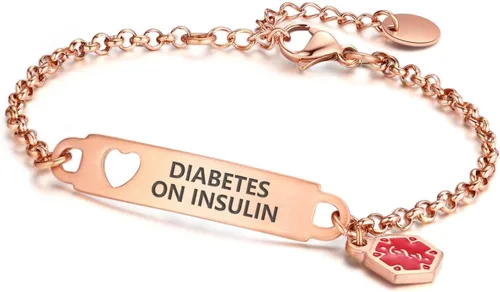 Vista 13 de Divoti Pulsera de identificación médica con grabado previo – Cadena simple Rolo de acero inoxidable plateado, resistente al agua con símbolo