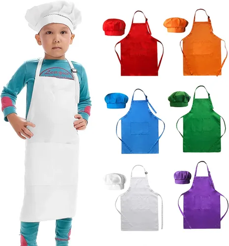 Vista 7 de Paquete de 6 delantales ajustables para niños y sombrero de chef para cocinar, hornear, pintura, arte, delantal para niñas y niños con 2 bolsillos