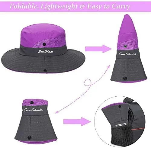 Vista 3 de Sombrero de pesca de playa de ala ancha para mujer, con protección UV, plegable, con agujero para cola de caballo