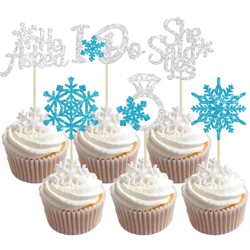 Vista 27 de Gyufise 24 piezas de copos de nieve Oh Baby Cupcake Toppers Glitter Winter Frozen Baby Shower Cupcake Picks para invierno, país de las maravillas