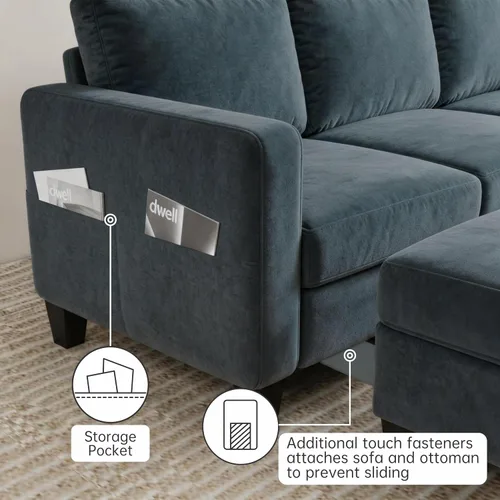 Vista 6 de Sofá modular de 78 pulgadas para sala de estar, sofá azul en forma de L con otomana de almacenamiento, asiento profundo, juego de sofá de tela