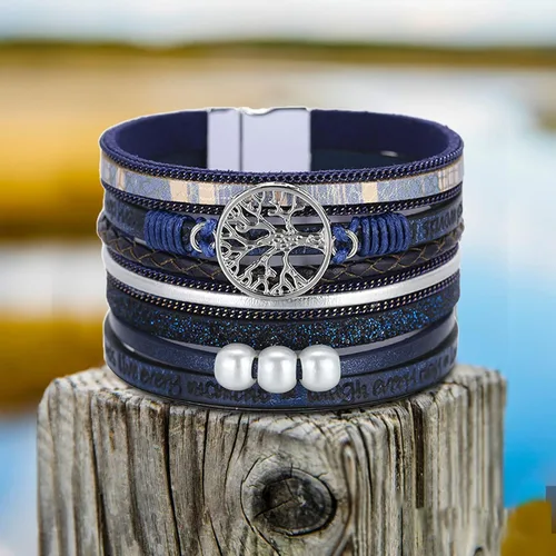Vista 6 de Pulsera envolvente de cuero turquesa, pulseras de cuentas en capas para mujer, pulseras de plumas multicapa, pulsera bohemia occidental para mujer