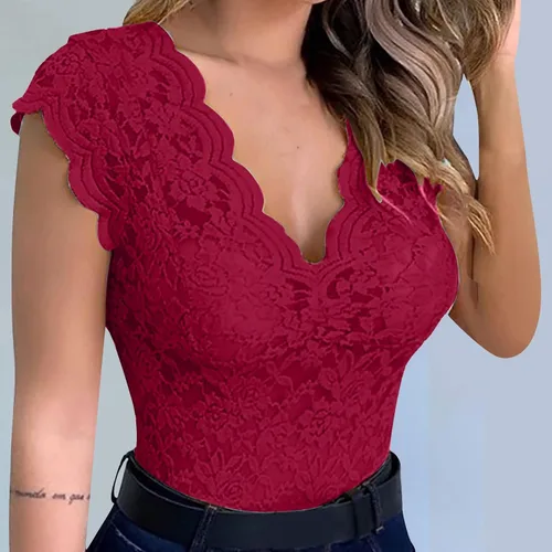 Vista 2 de Camisetas sexys para mujer con ribete de encaje festoneado hueco transparente para noche fiesta club
