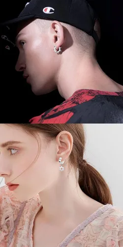 Vista 4 de Juego de 5 pares de aretes de aro de acero inoxidable negro sin perforación, remaches cruzados y borla para mujeres, hombres, niños y niñas, aretes
