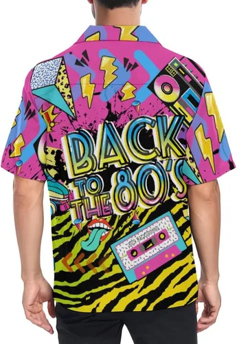 Vista 6 de LARSD Camisas de los años 80 para hombre, camisa con botones de los años 90, camisa vintage retro hawaiana de playa, camisa de discoteca de neón