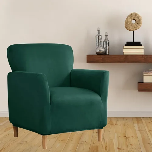 Vista 2 de XMNTG Funda elástica de terciopelo verde oscuro para sillón individual, funda de sofá moderna de mediados de siglo con brazos, protector de muebles