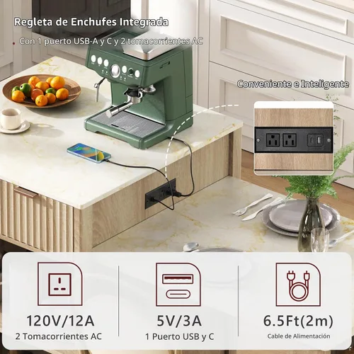 Vista 6 de Merax Isla de cocina acanalada de 82.6 pulgadas con mesa de comedor extensible para 4-6, mesa de isla para cocina con toma de corriente, mesa