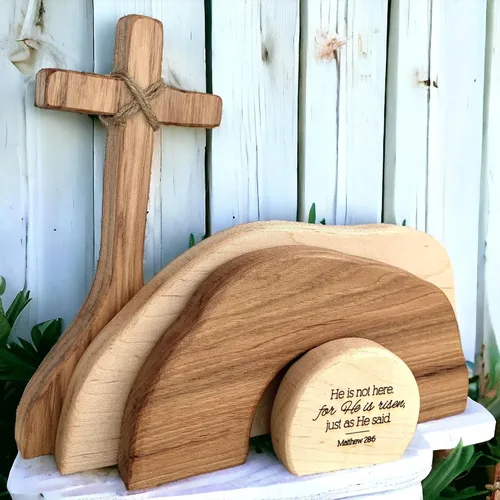 Vista 3 de Juego de bandeja de Pascua con texto en inglés "He is risen and He is not here" (A)