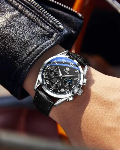 Vista 4 de OLEVS Reloj para hombre cuero marrón moda cronógrafo reloj luminoso impermeable casual relojes de pulsera
