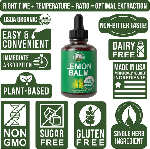 Vista 7 de Peak Performance USDA Organic Lemon Balm Tintura – Suplemento líquido de gotas de aceite para relajación, calma, digestión – Extracto de hoja vegano