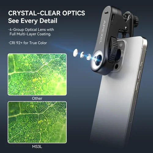 Vista 3 de APEXEL 40x/80x/120x 3-en-1 teléfono micro lente de teléfono microscopio