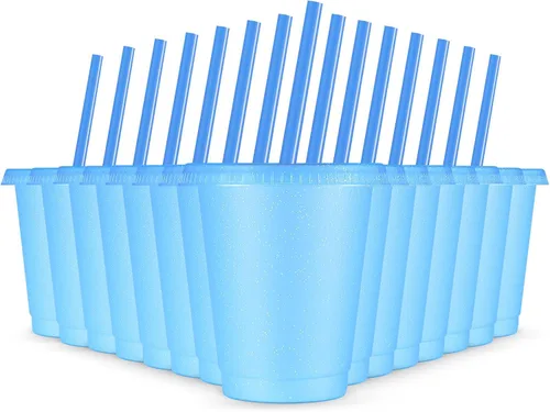 Vista 12 de Rtteri 15 vasos reutilizables con popotes y tapas, vasos de plástico con purpurina de 16 onzas, vasos de plástico para recuerdos de fiesta con Negro