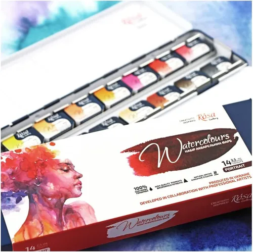 Vista 3 de Rosa Gallery Juego de pintura de acuarela, paleta 'Retrato' sartenes completas caja de metal de 14 colores, acuarelas profesionales extra finas