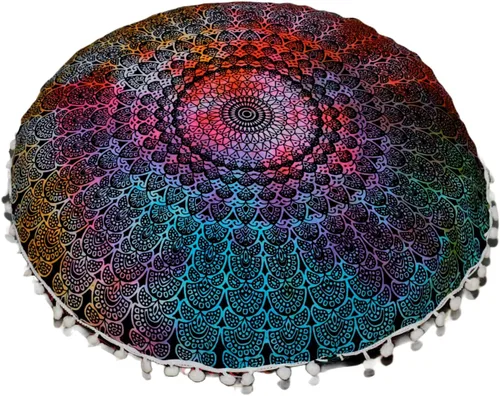 Vista 24 de CRAFT KALA Funda de cojín de 22 pulgadas para meditación, diseño de mandala, funda para puf, asiento redondo, mandala bohemio, de algodón