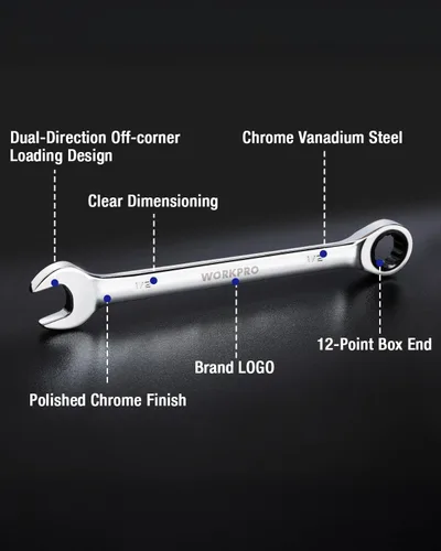 Vista 2 de WORKPRO Llave combinada de trinquete de 1/2 pulgada SAE, CR-V construida con cromado pulido espejo, diseño de 12 puntos, desplazamiento de 15 grados