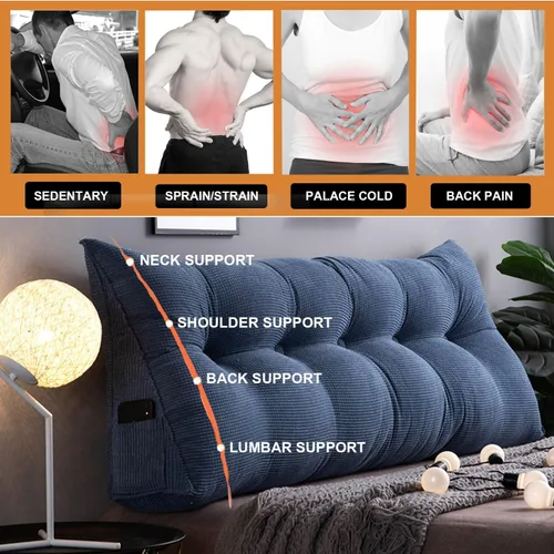Vista 4 de Almohada triangular de cuña, respaldo de cabecera de vellón, cojín grande para reposo en cama, almohadas de lectura, almohada de apoyo de Azul