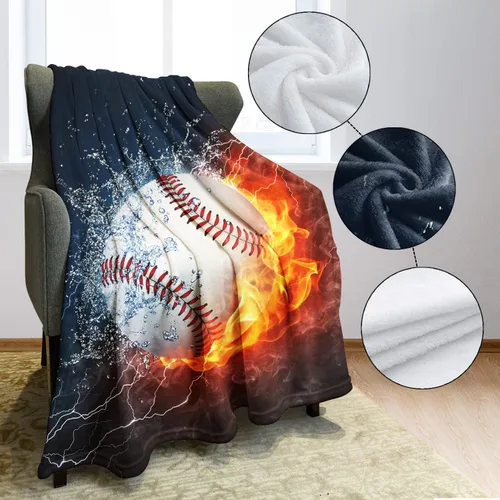 Vista 5 de YISUMEI Manta de béisbol impresa en 3D, 60 x 80 pulgadas, bola blanca chocar en agua y fuego, ideal para decoración del hogar con temática deportiva