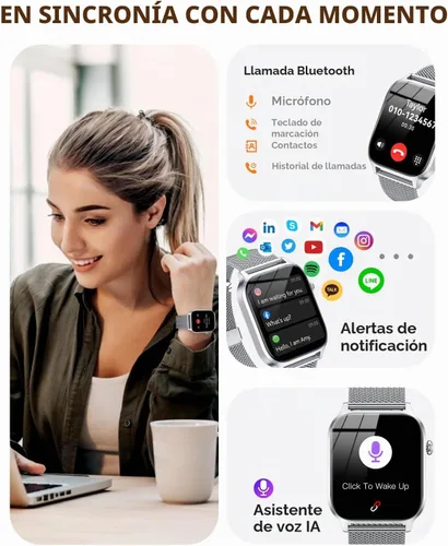 Vista 2 de Relojes inteligentes para mujer (llamadas/recordatorios), reloj inteligente HD de 1.85 pulgadas para teléfonos Android y iPhone compatible, más