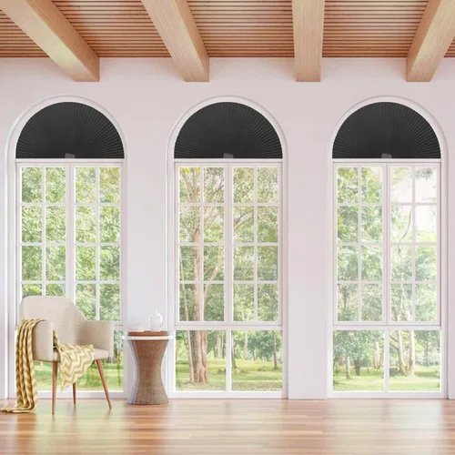 Vista 5 de Persianas plisadas con arco para ventana, fáciles de cortar e instalar, persianas plisadas parpadeantes y opacas, color gris, 72 x 36 pulgadas
