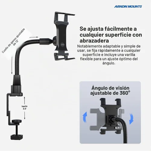 Vista 7 de ARKON Mounts - Soporte resistente para tablet con soporte de abrazadera y brazo de cuello de cisne flexible de 12 pulgadas Soporte versátil
