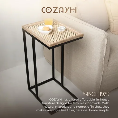 Vista 7 de COZAYH Mesa auxiliar de sofá en forma de C de granja con bandeja tejida de madera rústica y metal y marco de metal, mesa auxiliar para sala de Negro