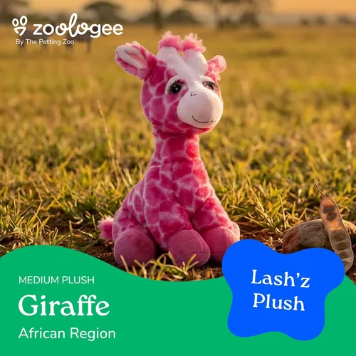 Vista 5 de The Petting Zoo Peluche de jirafa rosa, animales del zoológico de Lash'z, juguete de peluche de jirafa de 12 pulgadas