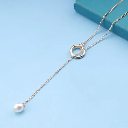 Vista 6 de Collar bohemio con perlas en Y de oro, círculo abierto en Y, Lariat, minimalista, cadena de gota de perlas, collar largo de círculo de karma