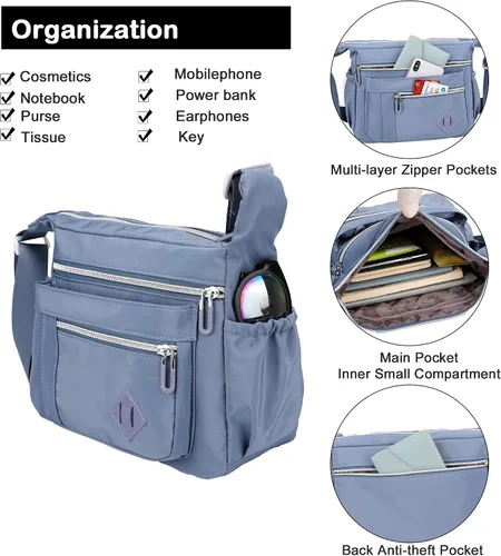 Vista 5 de BASICPOWER Bolso cruzado para mujer, múltiples bolsillos, ligero, impermeable, bolso de mano de viaje