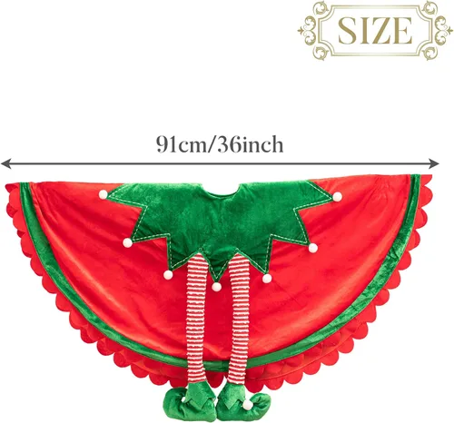 Vista 5 de Valery Madelyn Falda de Árbol de Navidad de Elfo para Decoraciones de Árbol, 36 Pulgadas de Tela Encantadora Roja Verde Pequeña Falda de Árbol