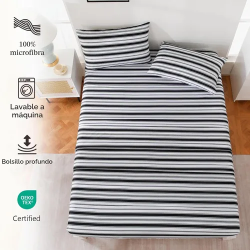 Vista 4 de MCO Juego de sábanas a rayas de 4 piezas, juego de sábanas Full transpirable con bolsillo profundo de 16", moderno y lujoso, juego de ropa de cama