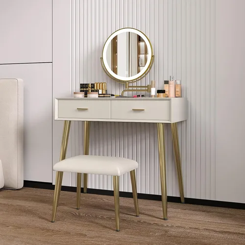 Vista 2 de Juego de escritorio con espejo giratorio de 360° y luces, pequeño tocador de maquillaje con cuero de microfibra, mesa de tocador con 2 cajones Beige