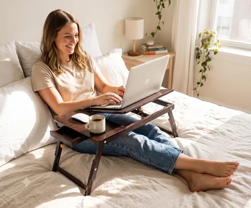 Vista 2 de Sofia + Sam Bandeja de bambú para laptop con patas ajustables Bandeja plegable para servir desayuno Escritorio de regazo con cajón superior