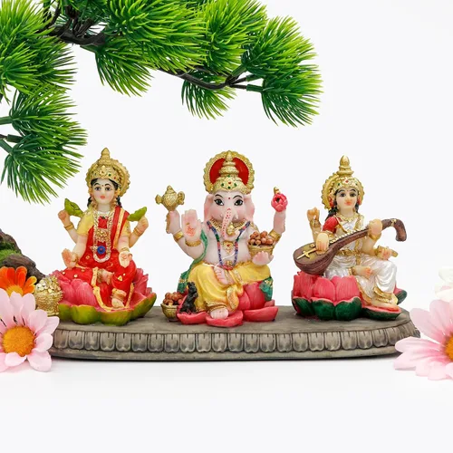 Vista 2 de BangBangDa Estatua hindú de Ganesh Lakshmi Saraswati – 3.9 pulgadas de alto Dios indio Lakshmi Ganesha Saraswati Estatuilla de ídolo hindú Diwali