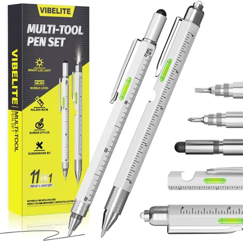 Vista 11 de Juego de bolígrafos multiherramienta 11 en 1 con LED, lápiz capacitivo, nivel, destornillador, cabeza plana, regla, regalos para hombres, él, papá