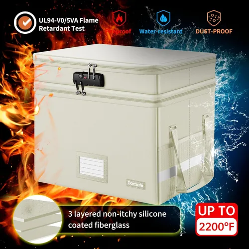 Vista 6 de Caja de archivos DocSafe con cerradura, caja de documentos ignífuga de múltiples capas, organizador de almacenamiento de archivos plegable con Beige