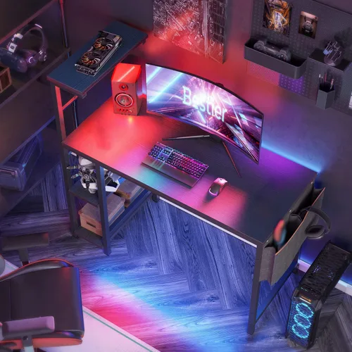 Vista 5 de Bestier - Escritorio de juegos con luces LED, escritorio para PC de 44 pulgadas para espacios pequeños, escritorio de computadora con estantes