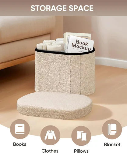 Vista 4 de B FSOBEIIALEO Otomana de Almacenamiento para Dormitorio, Reposapiés Otomano Plegable de Almacenamiento Boucle, Cubo Otomano Plegable Pequeño de Beige