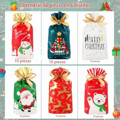 Vista 3 de Heniho 60 bolsas de golosinas de Navidad, 4 x 6 pulgadas con cordón, bolsas de galletas para dulces, regalos de fiesta