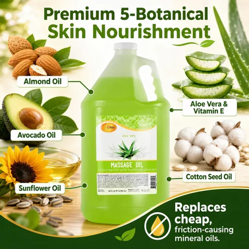 Vista 5 de SPA REDI Aceite de masaje profesional de aloe vera – 5 mezcla botánica con almendras, aguacate, girasol y vitamina E No graso, de rápida absorción