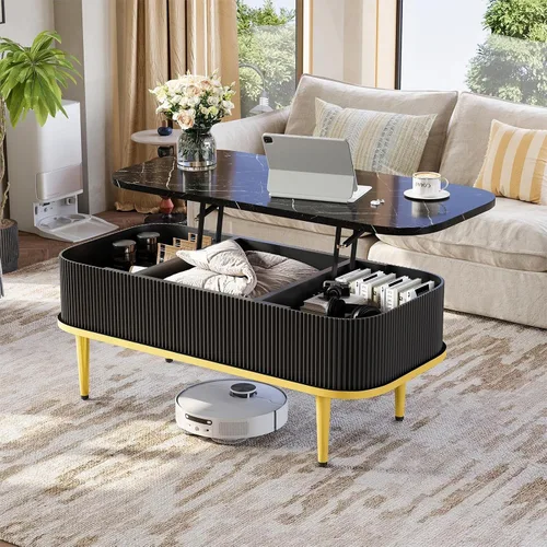 Vista 4 de Mesas de centro rectangulares para sala de estar, moderna mesa de centro acanalada con almacenamiento, mesa de centro pequeña, mesa central ovalada