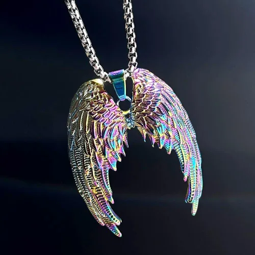Vista 2 de bahamut Collar colorido de alas de ángel de la guarda para mujeres, hombres y mujeres, cadena colgante de acero inoxidable, amuleto de protección