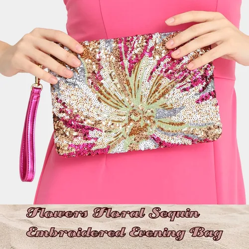 Vista 4 de ER.Roulour Bolso de paja de verano para mujer, bordado floral, bolso de mano de paja tejido para playa, fiesta, boda