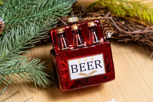 Vista 5 de Paquete de 2 adornos de cerveza de vidrio soplado a mano para árbol de Navidad, vidrio pintado a mano, paquete de 6 adornos de cerveza y adorno
