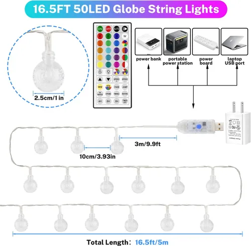 Vista 6 de OMIKA Luces de Cadena de Interior que Cambian de Color con Enchufe USB, 16.5 pies 50 LEDs Luces de Hadas de Globo de Cristal con Control Remoto