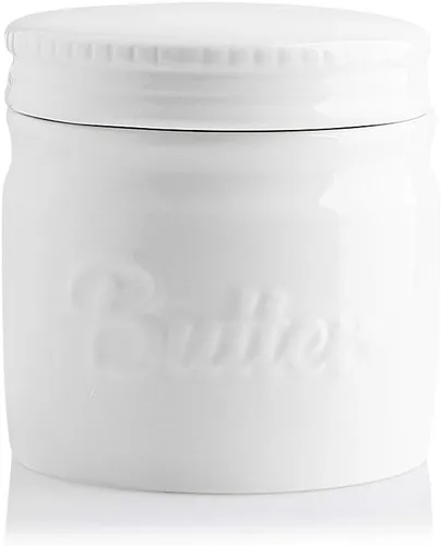 Vista 8 de Sweejar Recipiente para mantequilla de porcelana, plato francés con línea de agua, recipiente cerámico para mantequilla suave (Negro)