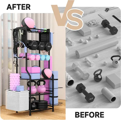 Vista 8 de Estante para mancuernas, almacenamiento de gimnasio en casa para pesas rusas, esterilla de yoga y equipo de entrenamiento de fuerza, estante