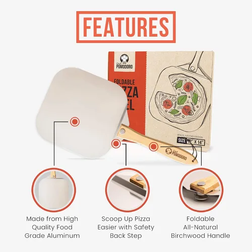 Vista 3 de Pomodoro pala para pizza de aluminio con asa de madera plegable para guardar fácilmente, de 12" x 14", para cocinar pan y pizzas en el hogar