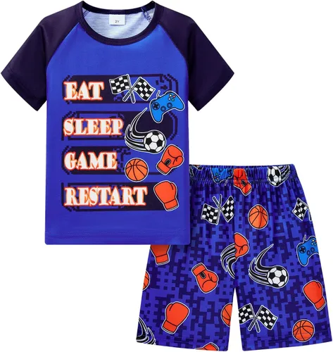 Vista 19 de Popshion Pijamas cortas de 2 piezas para niños pequeños, ropa de dormir de tiburón de tren, 100% algodón, pijamas de dinosaurio para niños pequeños