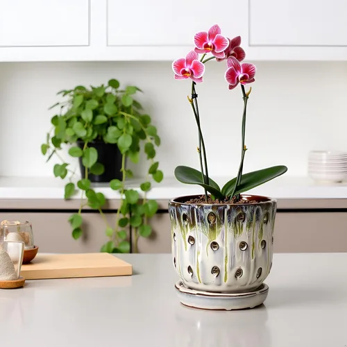 Vista 7 de Macetas para Orquídeas de 4.9 pulgadas Macetas Redondas de Cerámica para Orquídeas con Agujeros Juego de 2 (Azul Cielo+Blanco con Verde Limón)
